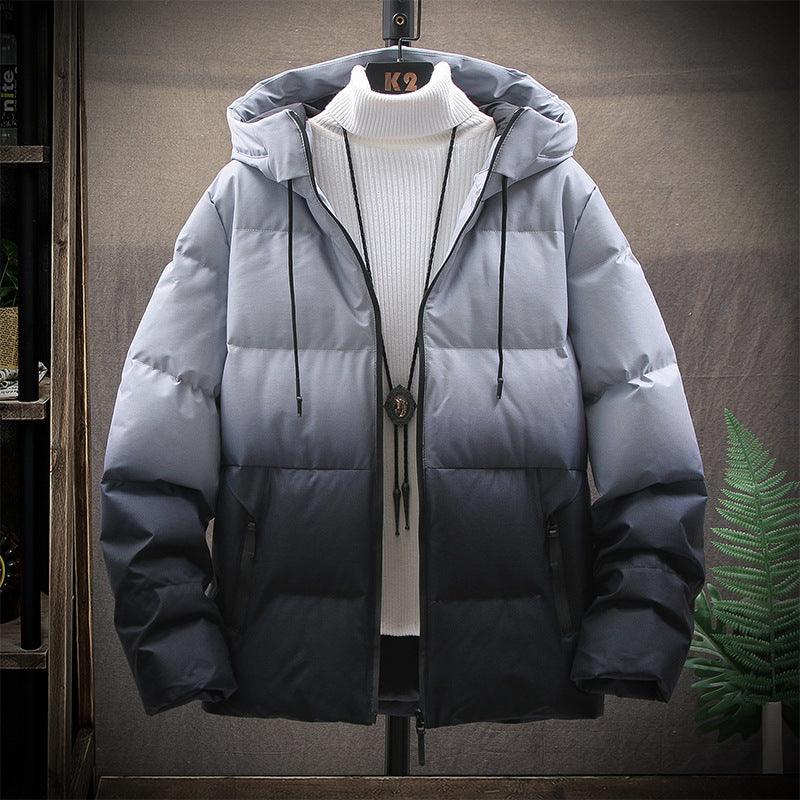 Men's color-block puffer jacket with hood, zip front, and ribbed high collar