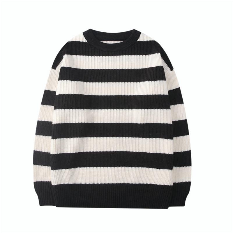 Black and white striped knitted hip-hop sweater with crew neck and long sleeves