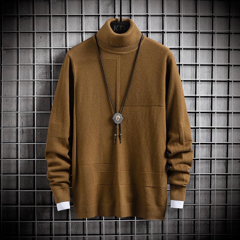 Caramel brown high-neck knitted pullover sweater with ribbed collar and long sleeves.