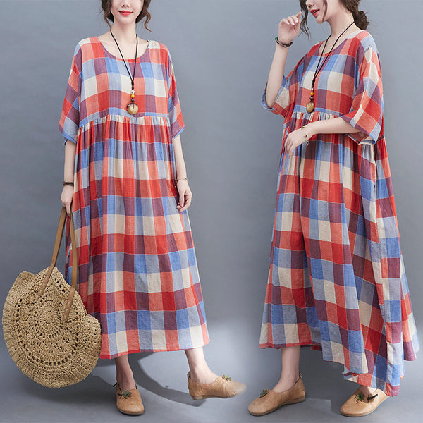 Short Sleeve Plaid Dress - WOMONA.COM