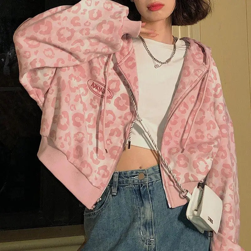 Pink leopard print hooded zip cardigan jacket, front zipper and roomy hood