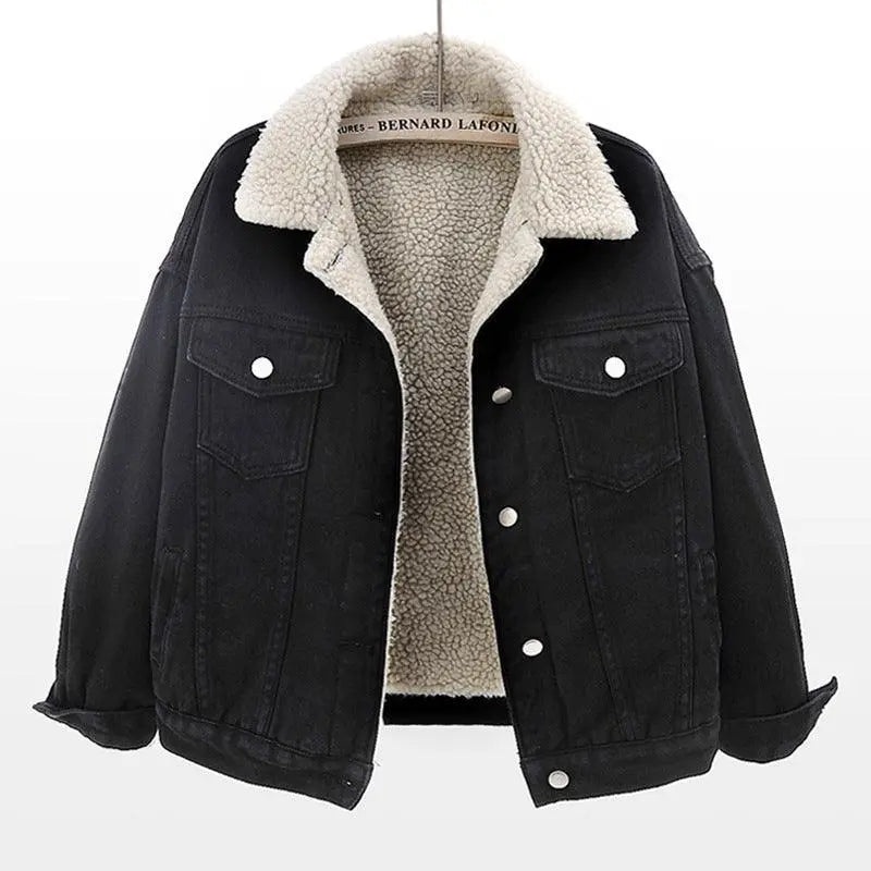 Black velvet denim jacket with sherpa collar, button front, and chest flap pockets.