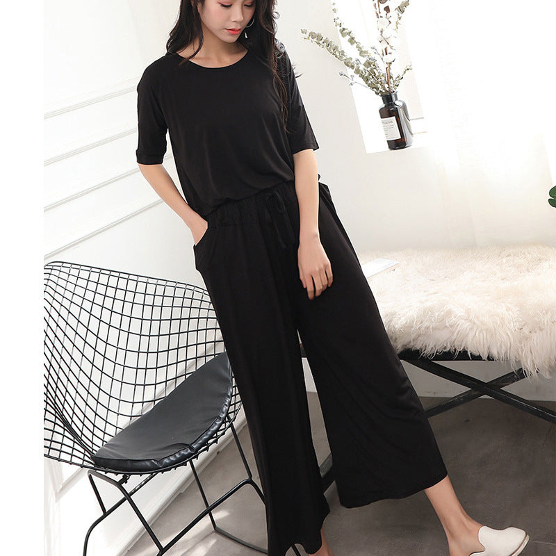 Plus-size Pajamas Two-piece Set Of Nine-minute Wide-leg Pants - WOMONA.COM