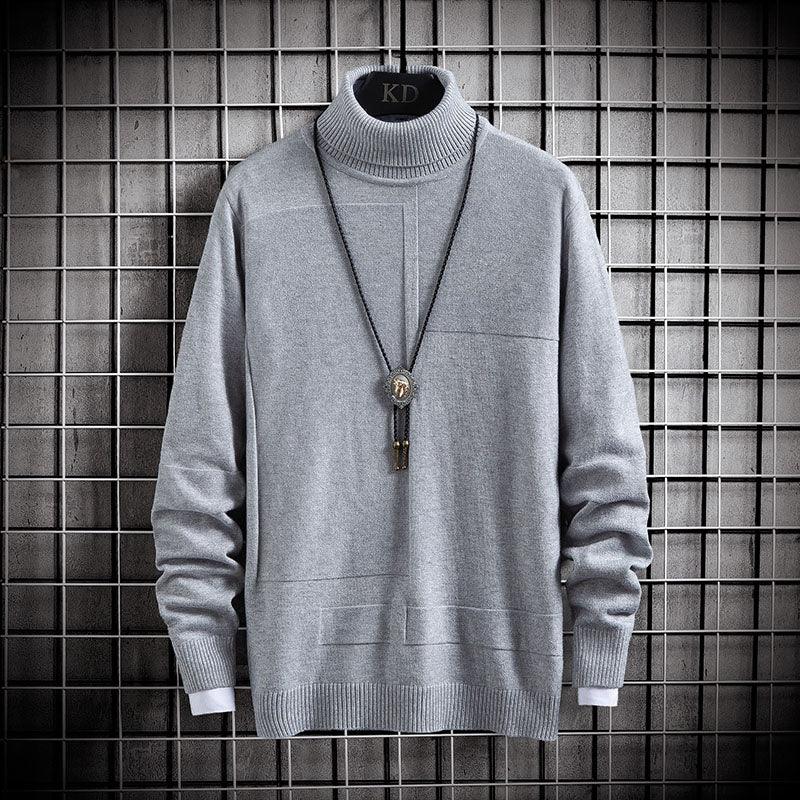 Grey high-neck knitted pullover sweater with ribbed collar and long sleeves.