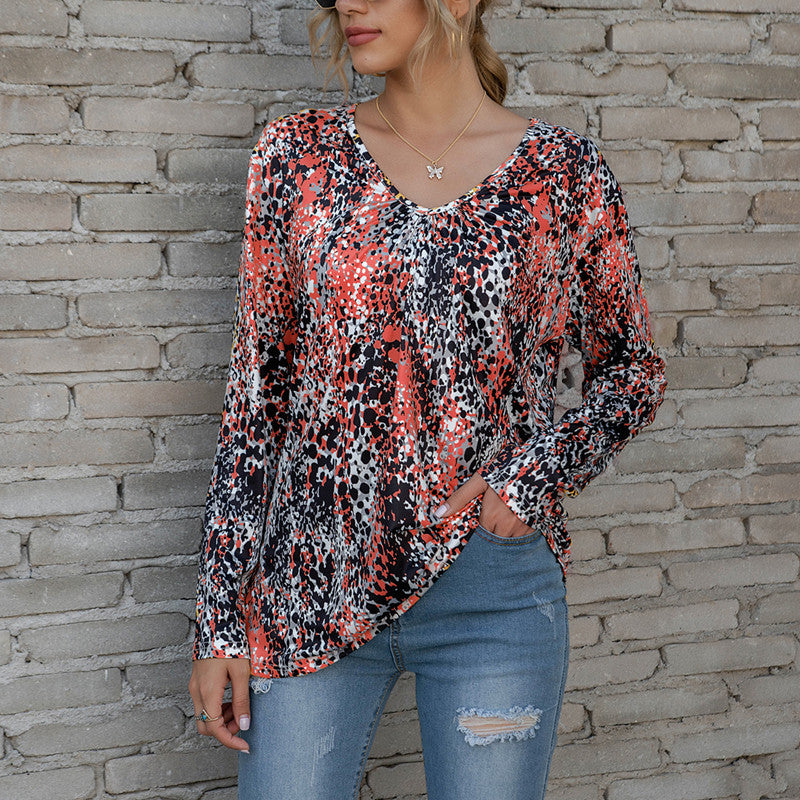 Ladies V-Neck Pleated Print Plus Size T-Shirt Top - WOMONA.COM