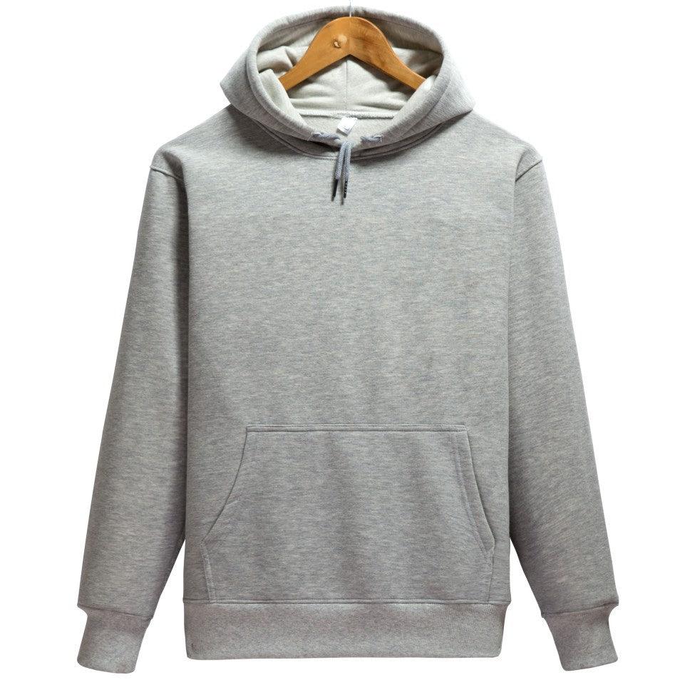 Gray men's pullover hoodie with drawstring hood and kangaroo pocket, long sleeves