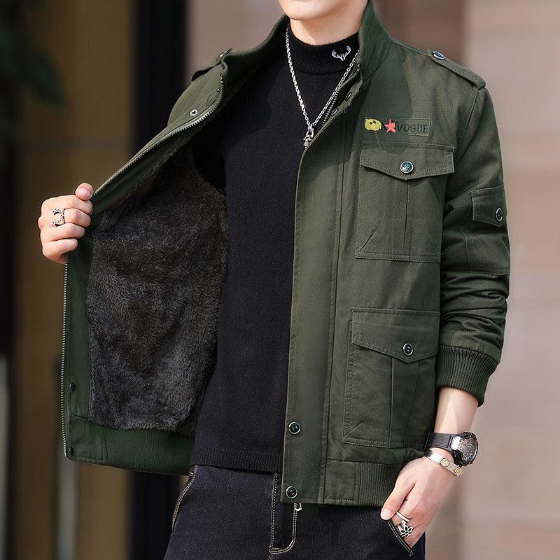 Men's padded velvet jacket, olive green with snap pockets and dark sherpa lining
