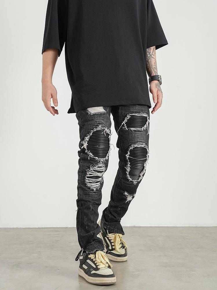 Leather Zipper Jeans - WOMONA.COM