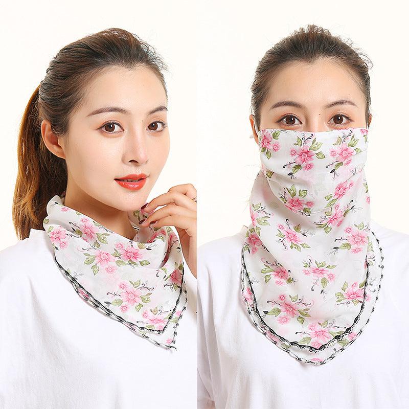 Women’s silk scarf, white with pink and green floral print and black trim edge