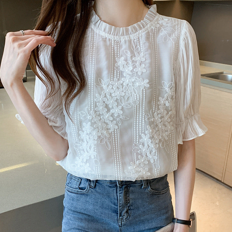 Flare Short Sleeve Chiffon Shirt Women Fashion - WOMONA.COM