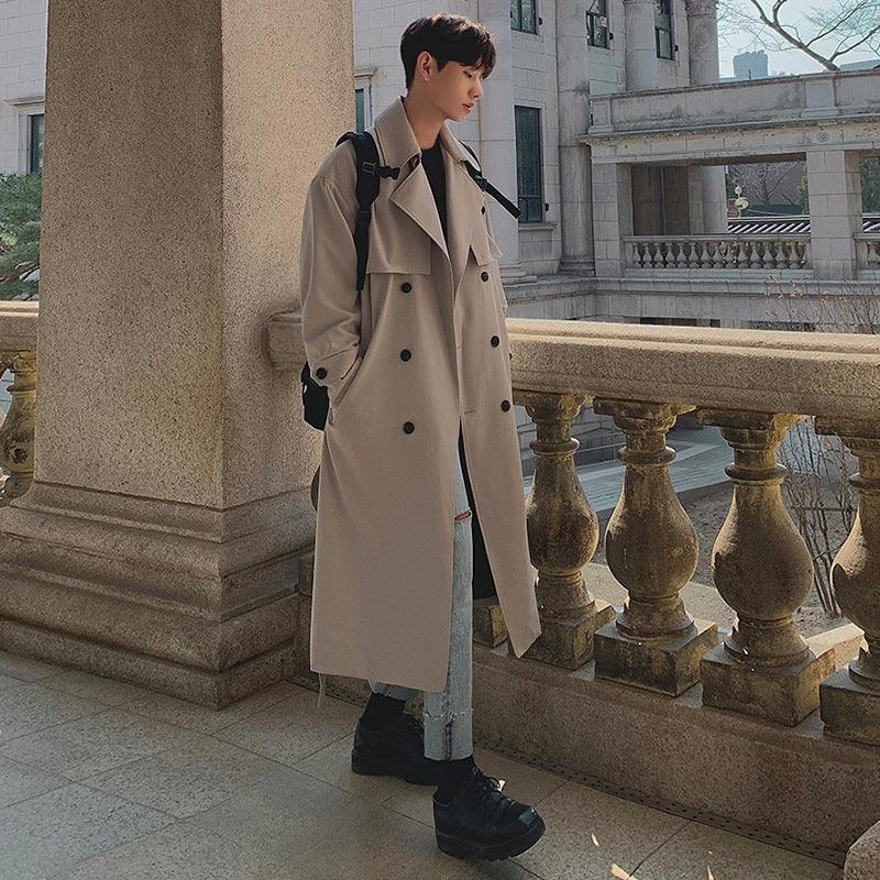 Men's khaki double-breasted loose coat, belted waist, button front, long sleeves