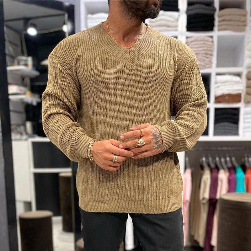 Men's long-sleeve sweater, tan V-neck knit with ribbed cuffs and hem