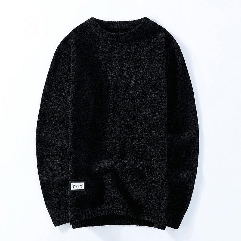 Men's thick velvet winter sweater, black crewneck pullover with ribbed hem