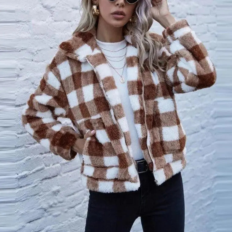 Brown and white plaid zip-up cardigan with stand collar, long sleeves, front zipper