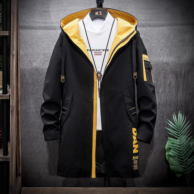 Black mid-length hooded windbreaker with yellow lining, zip front, and logo sleeve print