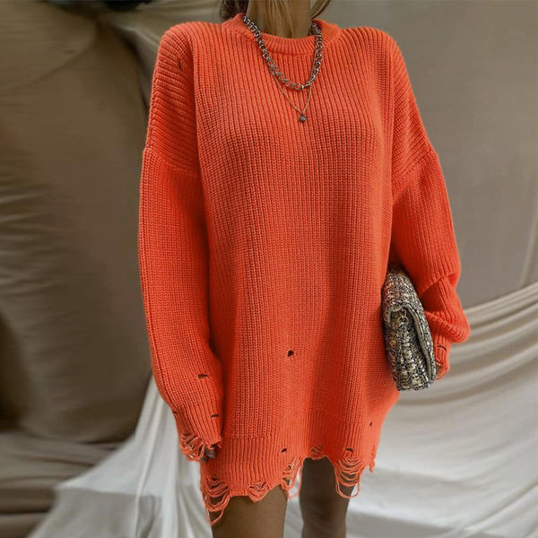 Loose Solid Color Ripped Sweater - WOMONA.COM