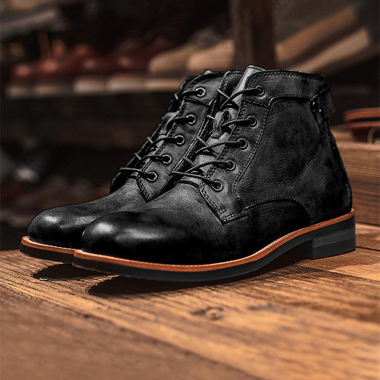 Black lace-up ankle boots with round toe, retro Martin style, low sole