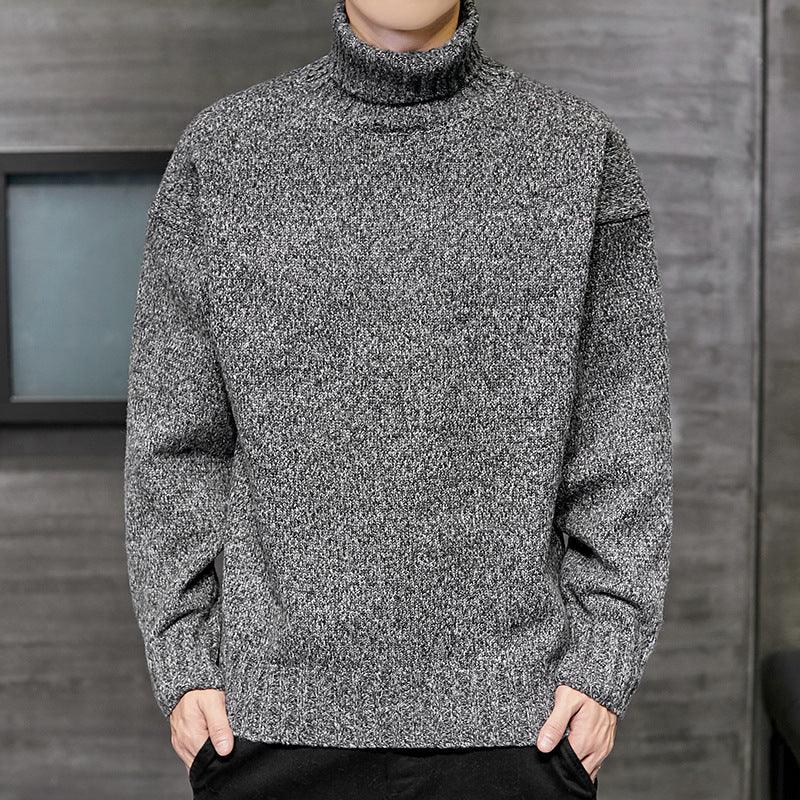Dark gray speckled knit turtleneck shirt, long sleeves, relaxed fit