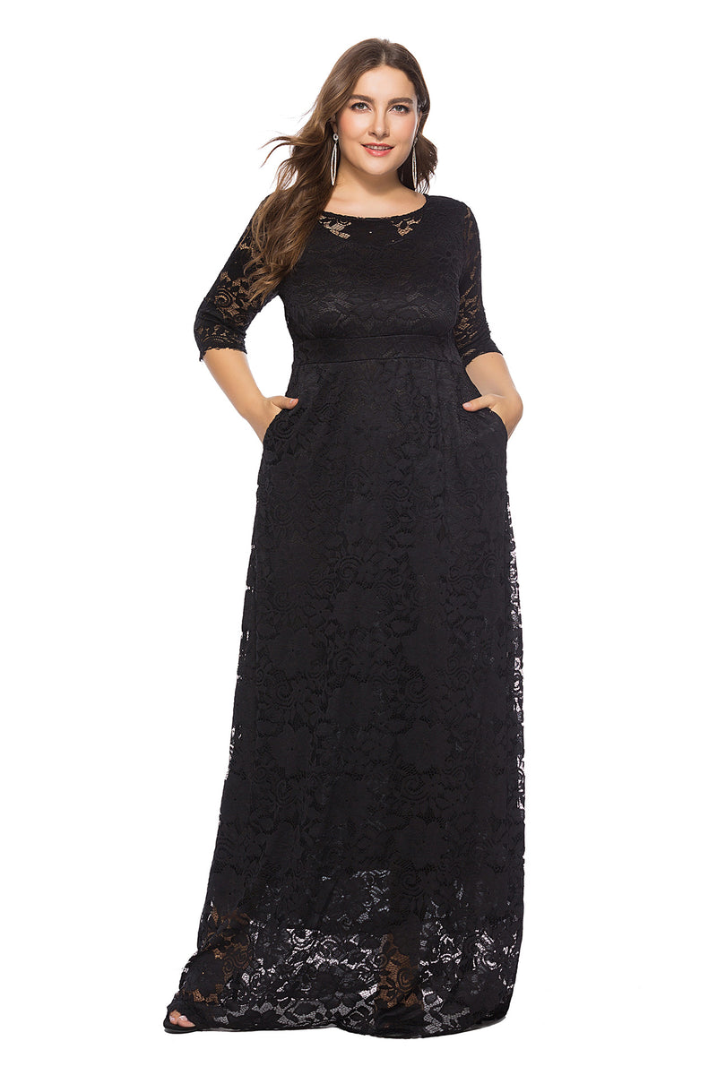 Plus Size Women New Hollow Lace Pocket Dress - WOMONA.COM