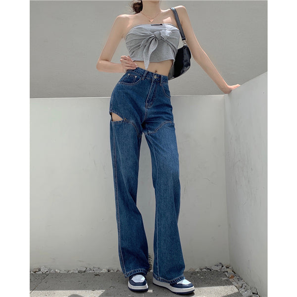 Vertical Loose High Waist Slim Jeans - WOMONA.COM