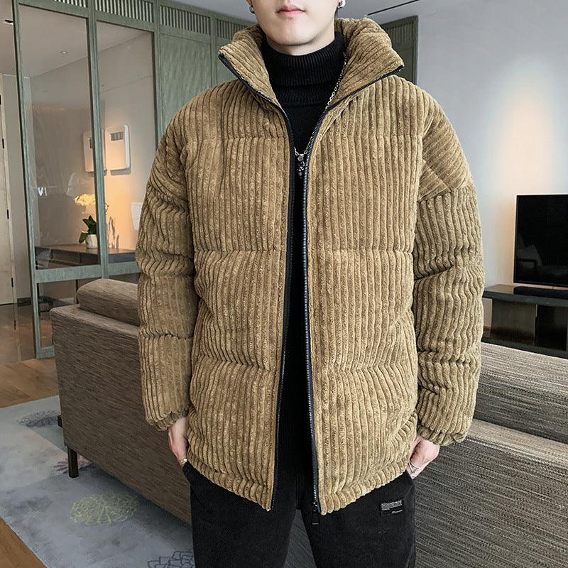 Men's corduroy padded jacket, tan, full-zip with stand collar