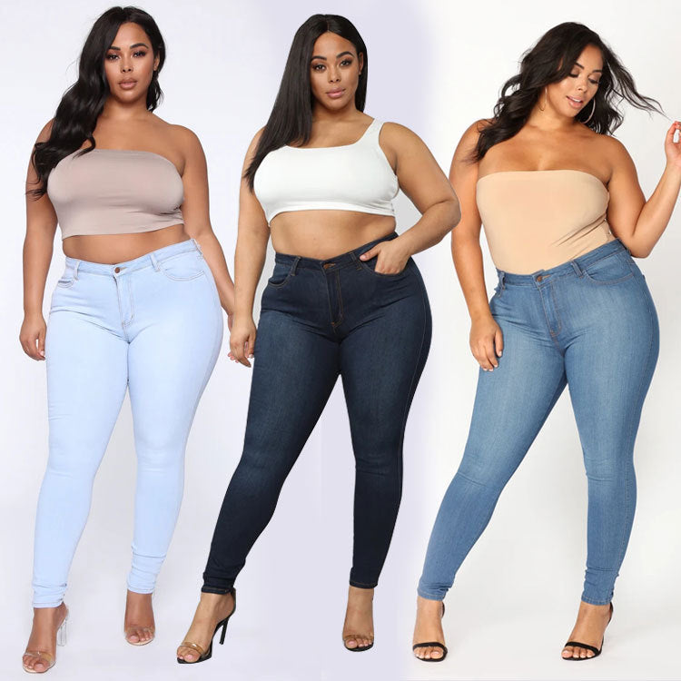 Women's Plus Size Fashion High Elastic Denim Pencil Pants - WOMONA.COM