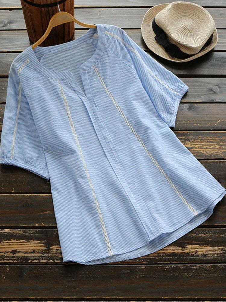 Casual Striped Patchwork V-Neck Shirt - WOMONA.COM