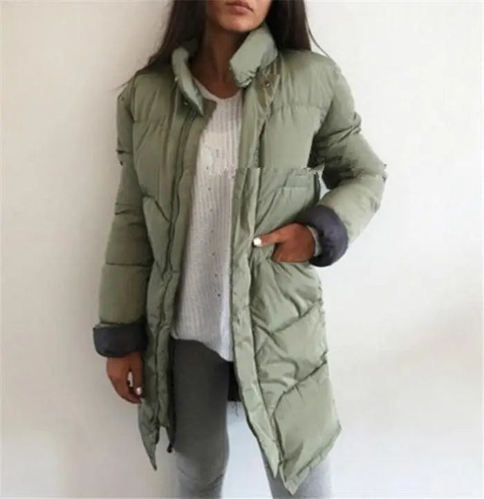 Ladies cotton winter jacket, olive green long puffer with hood and front pockets.