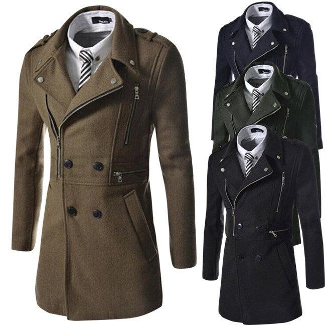 Fitted trench coat with multi zippers, shown in khaki and navy colors.