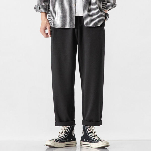 Men Straight Loose Cropped Cotton Pants - WOMONA.COM