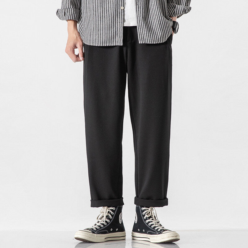 Men Straight Loose Cropped Cotton Pants - WOMONA.COM