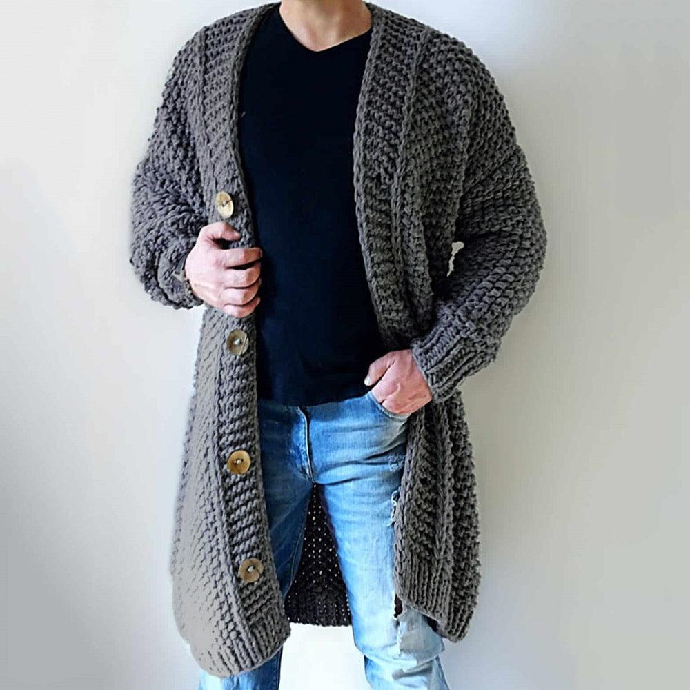 Dark grey waffle-knit cardigan sweater with button front and long sleeves
