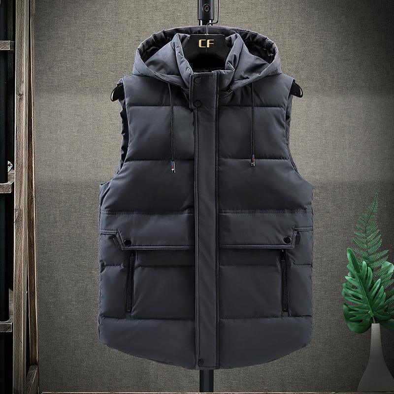 Men's padded puffer vest with hood, front zipper, and flap chest pockets