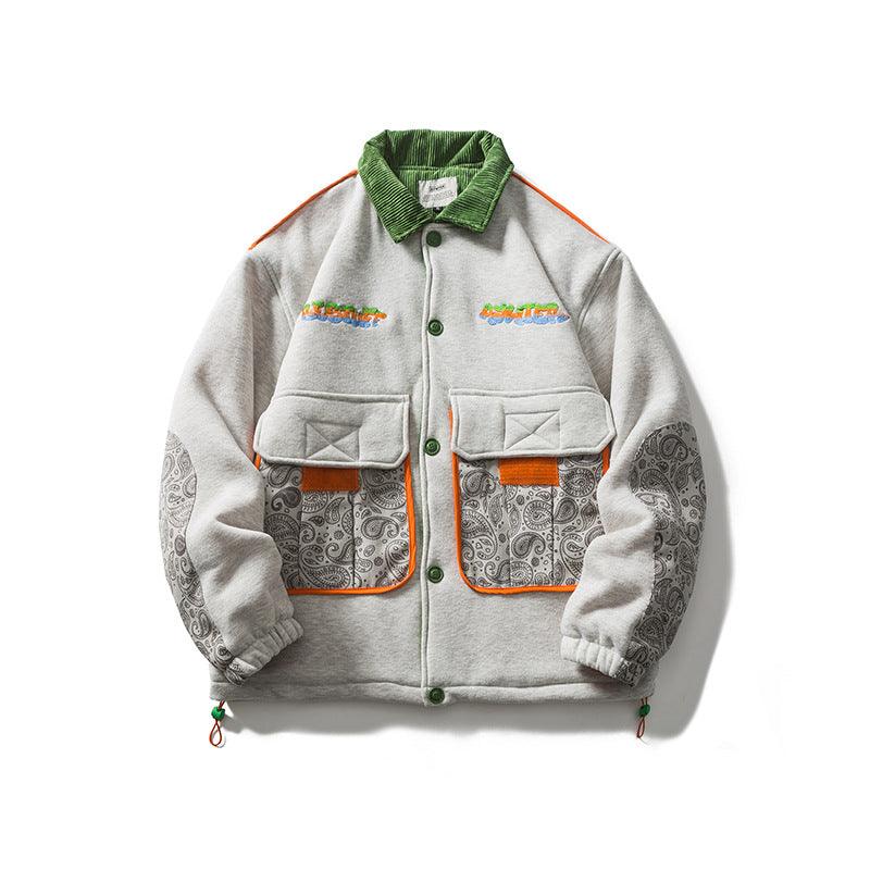 Men's grey polyester coat jacket with green ribbed collar, button front, orange quilted panels