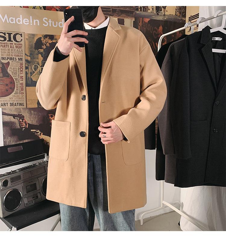 Men's wool overcoat in khaki, notched lapel, button front, two side pockets