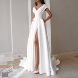 V-Neck Solid Color Floor Long Dress - WOMONA.COM
