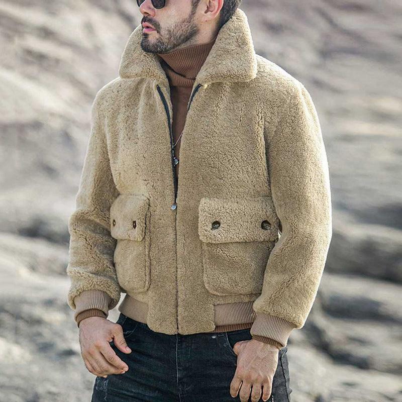 Khaki plush padded zip-up jacket with stand collar and two front flap pockets