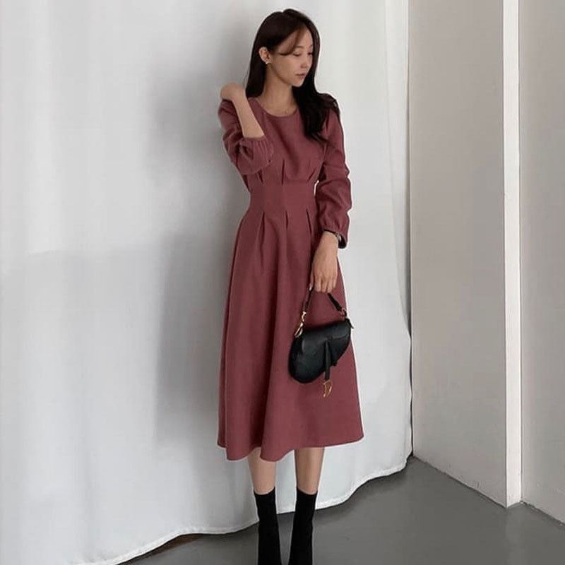 Puff Sleeve Mid-length Dress - WOMONA.COM