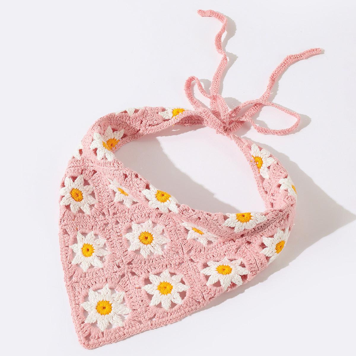 Pink triangle hair scarf with white daisy flowers and ribbon ties