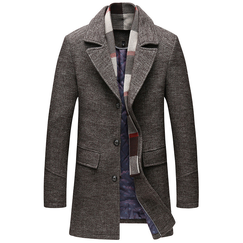 Men Casual Woolen Coat With Scarf - WOMONA.COM