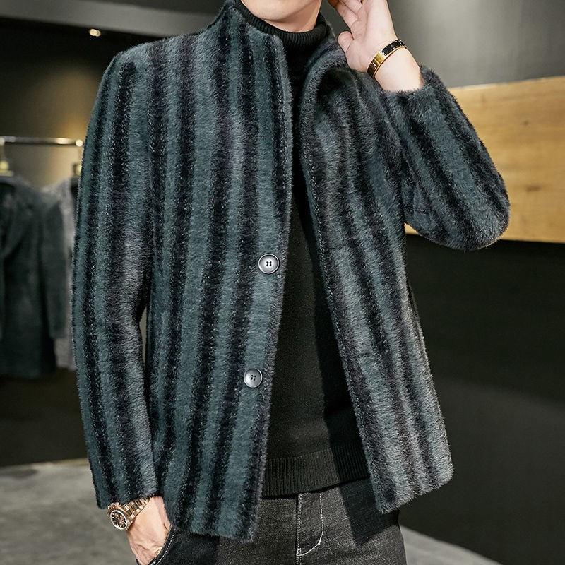 Men's striped wool-mink coat with dark green base and button-front closure