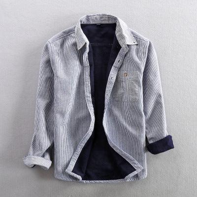 Grey striped button-up casual shirt with pointed collar and long sleeves