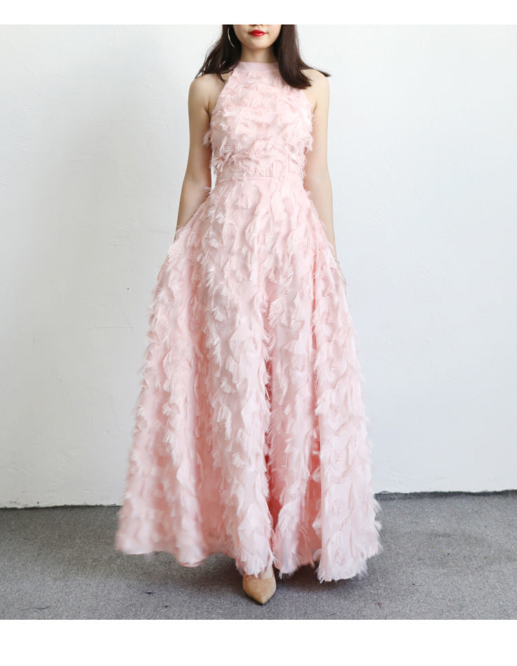 Fringed Feather Halterneck Evening Dress - WOMONA.COM