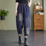 Women's Literary Plus Size Ripped Denim Harem Pants - WOMONA.COM