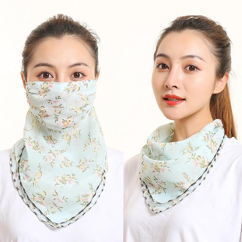 Floral silk neck scarf with face covering, light mint base with small blossoms and stitched border