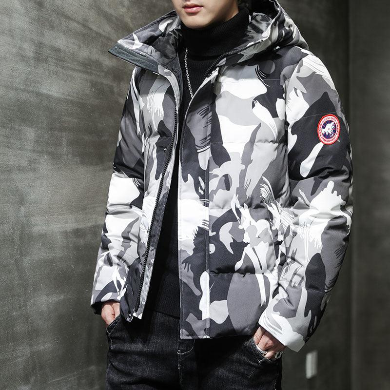 Grey-and-white camouflage puffer work jacket with hood and zip-front