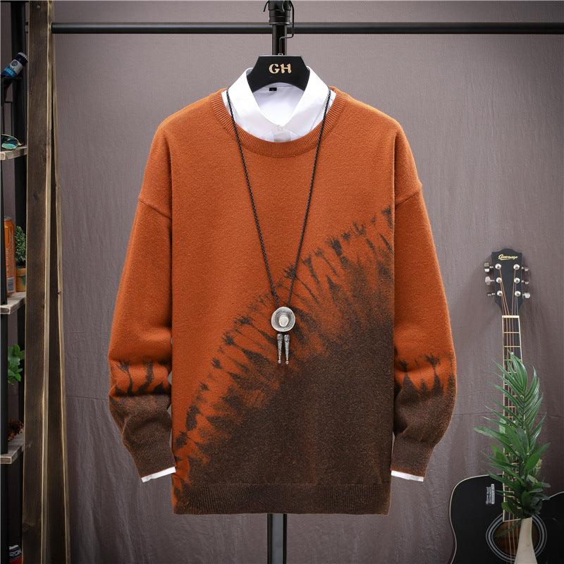 Orange winter sweater with diagonal black streak graphic, crew neck, long sleeves