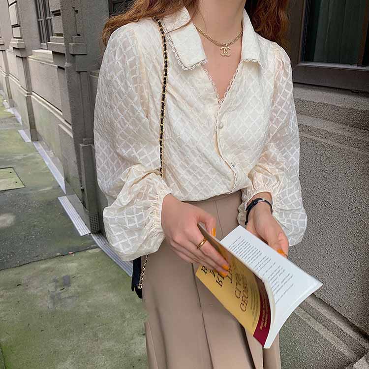 V-Neck Lapel Lace Shirt - WOMONA.COM