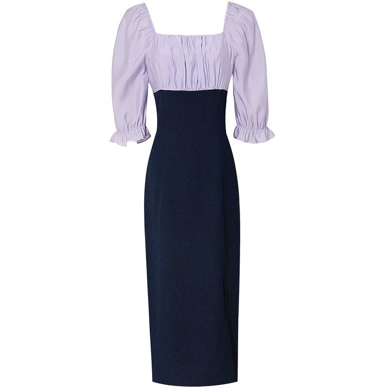 Two-tone midi dress flat lay: lavender square top with puff sleeves, dark navy long fitted skirt