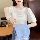 Top Puff Sleeve Solid Color Short-sleeved Shirt - WOMONA.COM